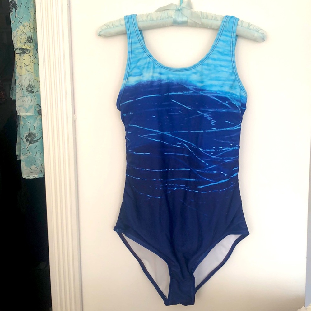 Blue bathing suit one piece non slip strap style good for swim meets